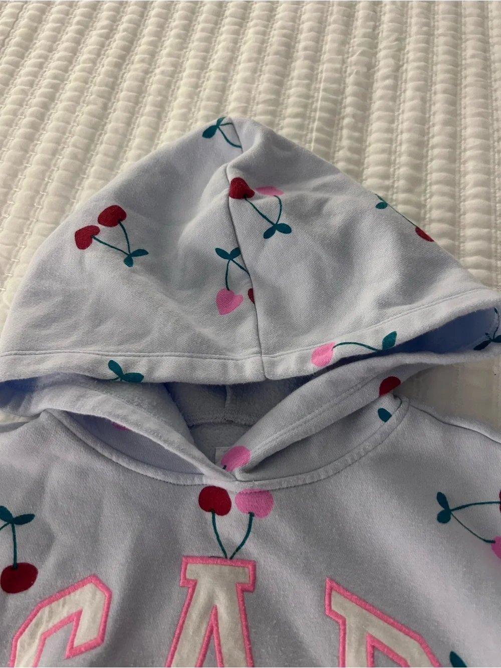 GAP Light Blue Hoodie with Pink & Red Cherry Print. Size 8